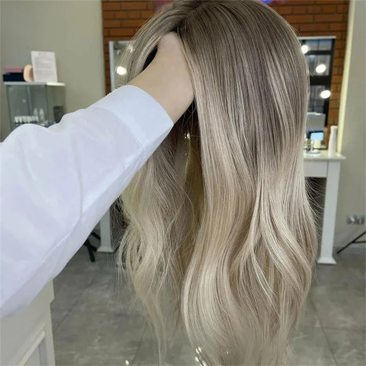14 Inch Brown Highlight Short Bob Wavy Synthetic Wigs Dark Roots For Women Daily Use Ash Blonde Wig Pre Plucked Curly Hair Wig