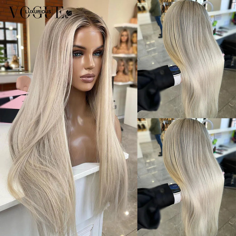 Cream Blonde Straight 100% Real Human Hair Wig Ash Blonde 200% Density Salon Hair Coloring Wig 13x6 Lace Front Wig For Women