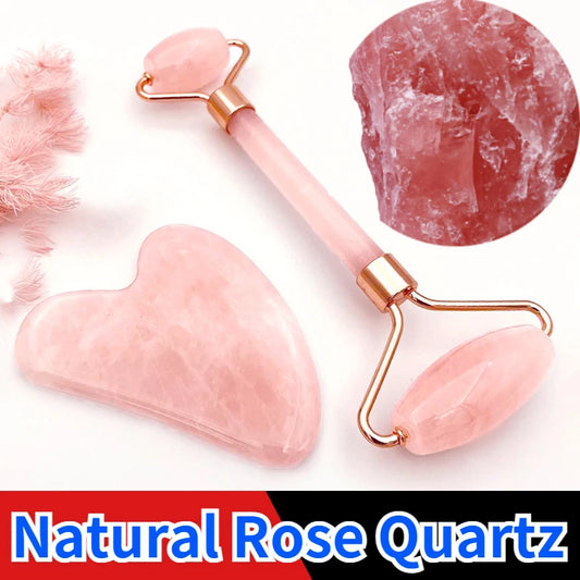 Rose Quartz Roller & Gua Sha Set – Natural Crystal Beauty Tool for Facial Lifting & Spa Massage