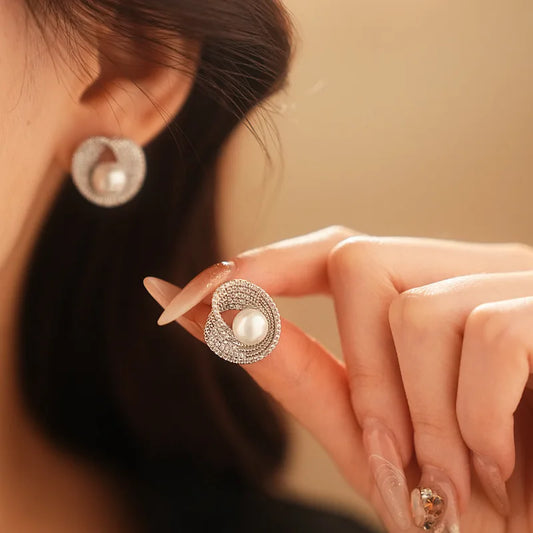 Zircon Round Pearl Earrings for Women Personality Irregular Stud Earring Temperament High Sense Simple Jewelry Wedding Girl