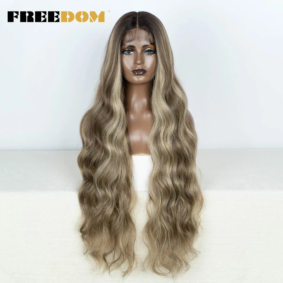 FREEDOM Synthetic Lace Front Wig 36 inch Body Wave Wigs For Women Ombre Blonde Ginger Highlight Wig Long Wavy Cosplay Wigs