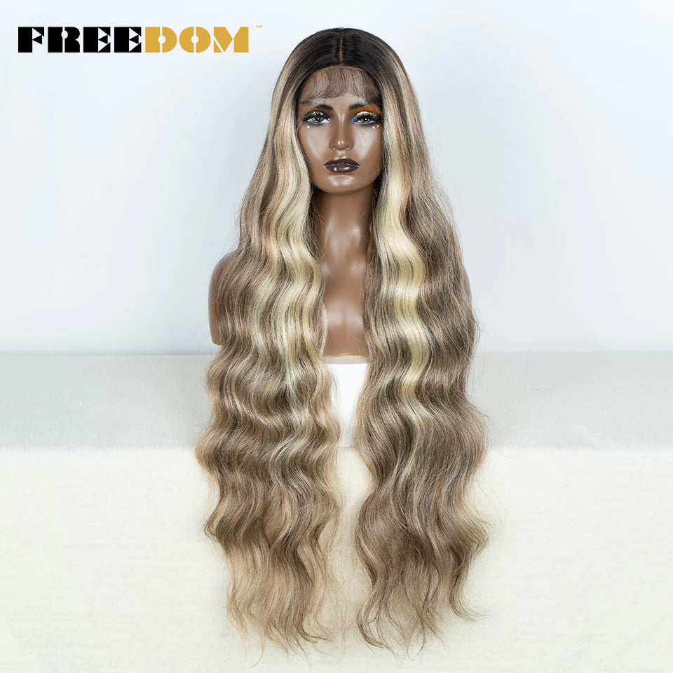 FREEDOM Synthetic Lace Front Wig 36 inch Body Wave Wigs For Women Ombre Blonde Ginger Highlight Wig Long Wavy Cosplay Wigs