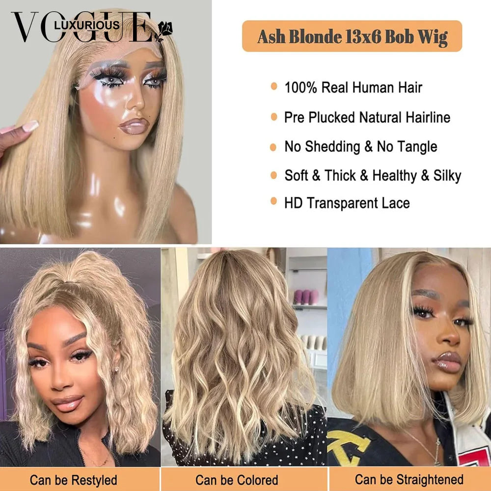 LUX VOGUE Ash Blonde Short Bob Wig Human Hair 180% Density Pre Plucked Glueless Brazilian Virgin Human Hair Wigs For Black Women