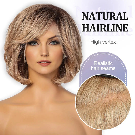 100% Remy Human Hair Transparent Lace Frontal Wig Short Wavy Bob Human Hair Wig Ash Brown Ombre Pixie Cut Hair for White Women