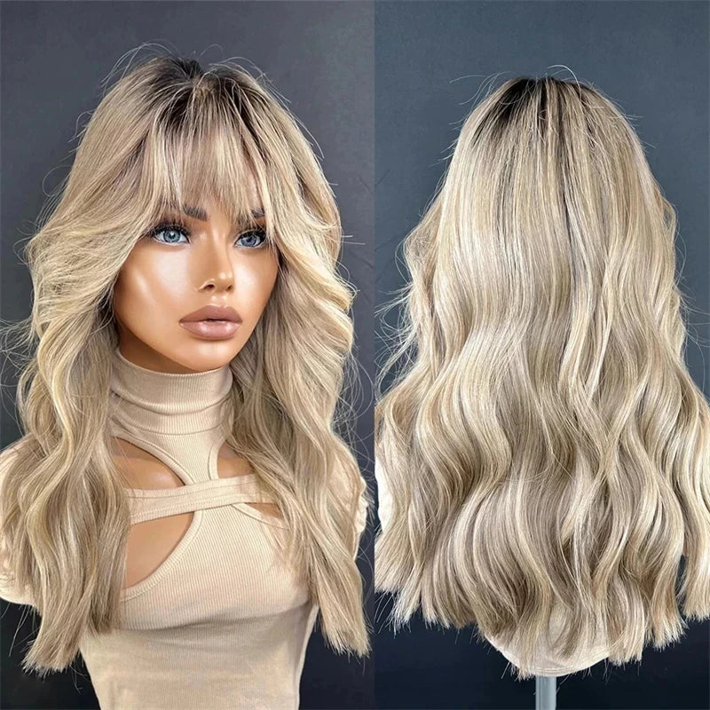 Light Blonde With Dark Roots Body Wave Synthetic Wig With Bangs For Women High Density Human Hair Blend Synthetic Wigs Cosplay