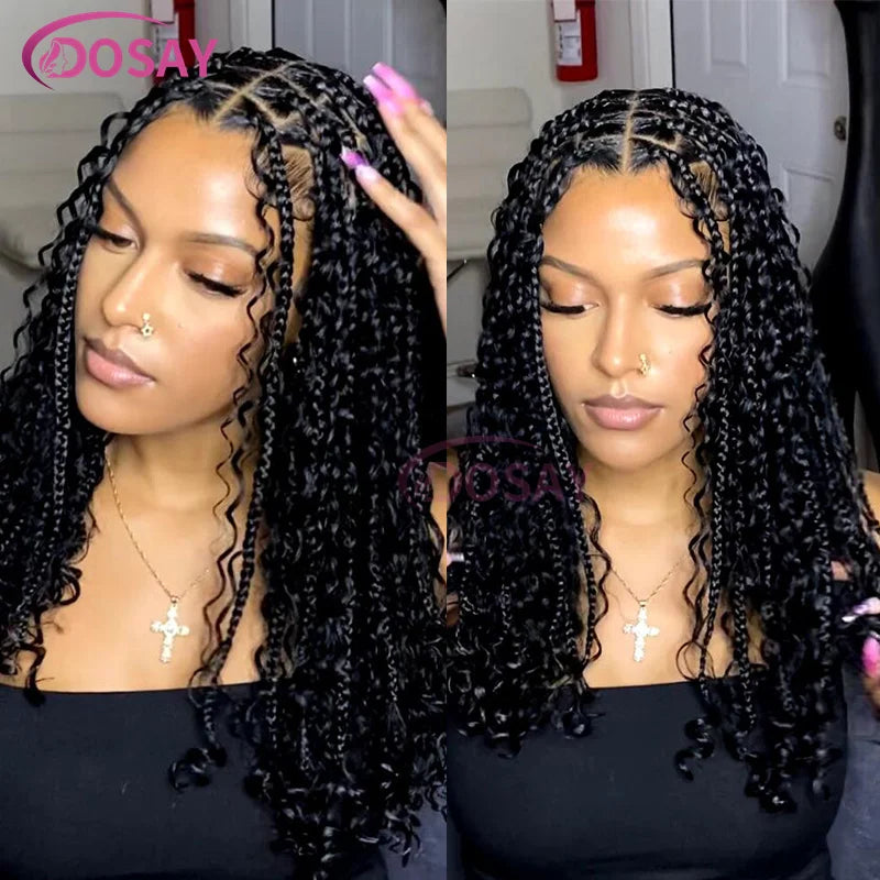 Synthetic Curly Wigs Short 360 Full Lace Boho Braids Wig 12 Inch Knotless Braided Wigs Goddess Box Braid Wig Pre-Pluck Baby Hair