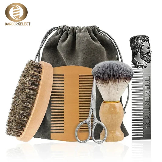 Kits de brosses à barbe en bois et poils de barbe avec sac cadeau professionnel