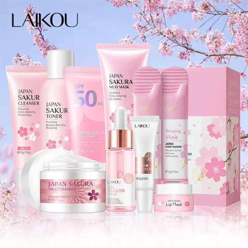 🌸 LAIKOU 9pcs Sakura Skin Care Set – Radiance & Hydration