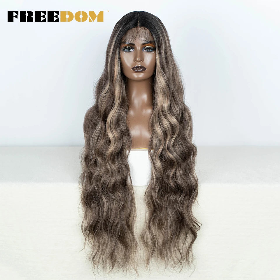 FREEDOM Synthetic Lace Front Wig 36 inch Body Wave Wigs For Women Ombre Blonde Ginger Highlight Wig Long Wavy Cosplay Wigs
