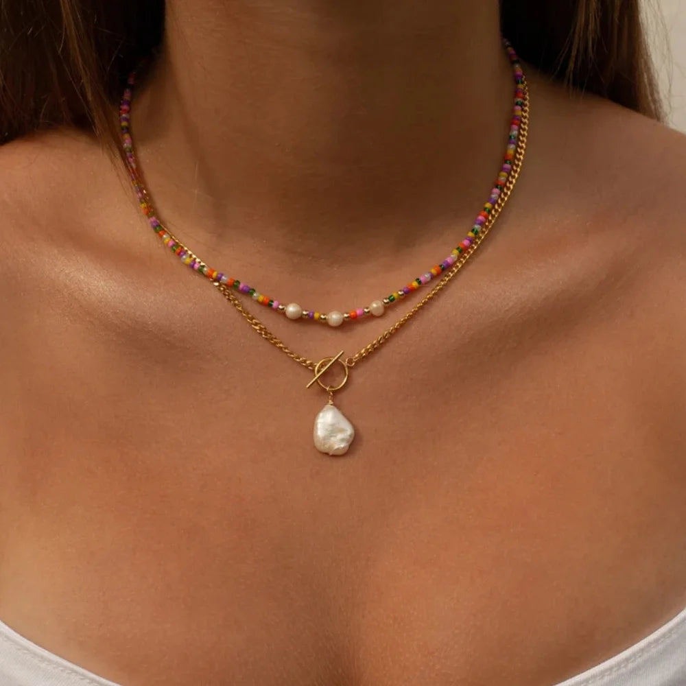 Bohemian Multilayer Handmade Mixed Chain for Woman Fashion Necklaces Water Droplet Crystal Pendant Jewelry Gift 2023 New