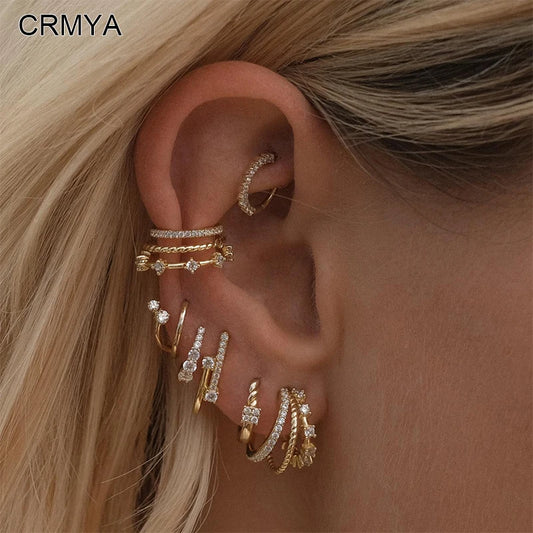 Crmya Classic Earrings for Women Zirconia Gold-plated Ear Cuff Stud Hoop Earrings Women Party Jewelry Accessories Wholesale