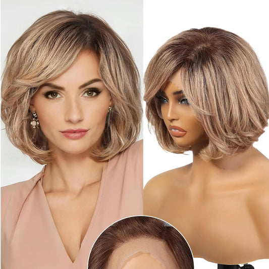 100% Remy Human Hair Transparent Lace Frontal Wig Short Wavy Bob Human Hair Wig Ash Brown Ombre Pixie Cut Hair for White Women