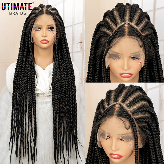 34inch Synthetic Full Lace Front Wig Cornrow Braided Wigs for Black Women Knotless Box Braided Lace Wig Faux Locs Braids Wigs