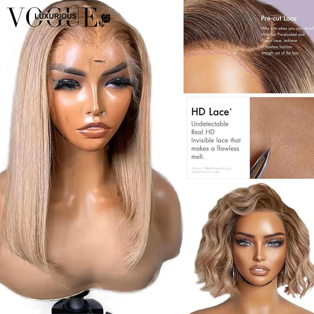 LUX VOGUE Ash Blonde Short Bob Wig Human Hair 180% Density Pre Plucked Glueless Brazilian Virgin Human Hair Wigs For Black Women