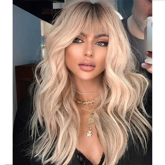 Light Blonde With Dark Roots Body Wave Synthetic Wig With Bangs For Women High Density Human Hair Blend Synthetic Wigs Cosplay