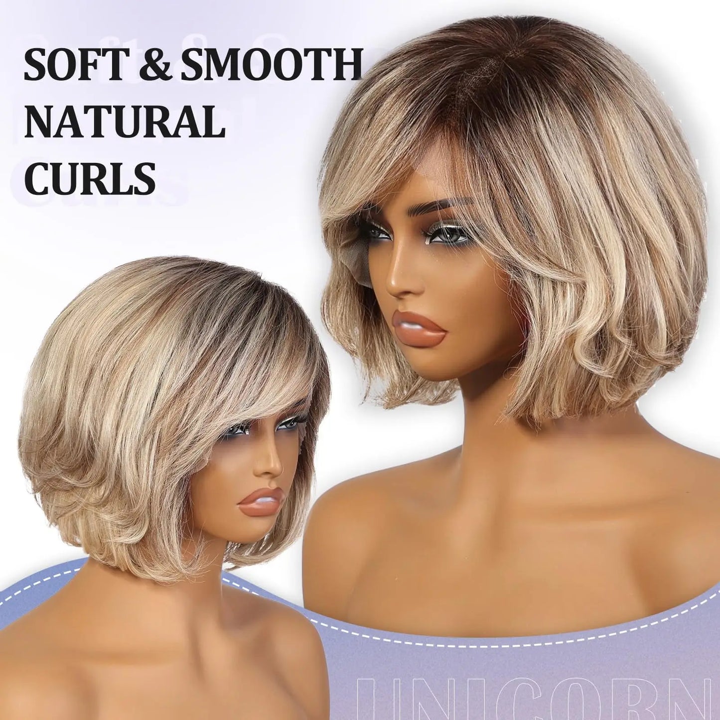 100% Remy Human Hair Transparent Lace Frontal Wig Short Wavy Bob Human Hair Wig Ash Brown Ombre Pixie Cut Hair for White Women