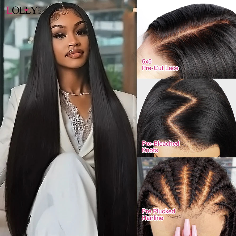 Glueless Wig Bleached Knots Pre Plucked Upgraded 5X5 Lace Front Wigs Pre Cut Straight Natural Color 100% Human Hair For Women