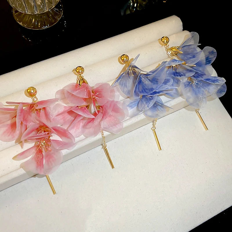 Pink Flowers Mesh Long Tassel Earrings For Women Sweet Temperament Crystal Drop Dangle Earring Party Wedding Jewelry Wholesale