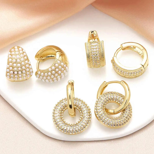 Chunky White Pearl Hoop Earrings for Women Copper CZ Crystal Ear Hoops Gold Plated Jewelry Gifts erss11