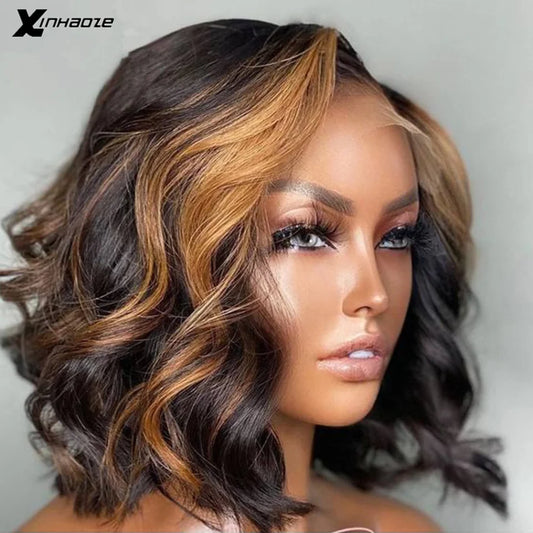 Ombre Dark Brown/99J/Blonde Highlight Body Wave Brazilian Virgin Short Bob Human Hair Wigs HD Transparent 13x4 Lace Front Wig